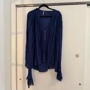 Free People Navy Blouse with Lace Accents